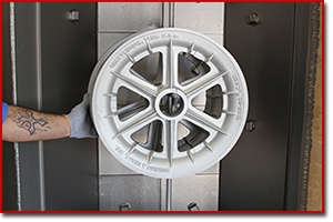 Aluminum sheave that has gone through the spinner hangar blast machine.